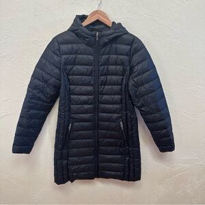 Aventure Women’s Black Hooded Puffer Coat Mid Length